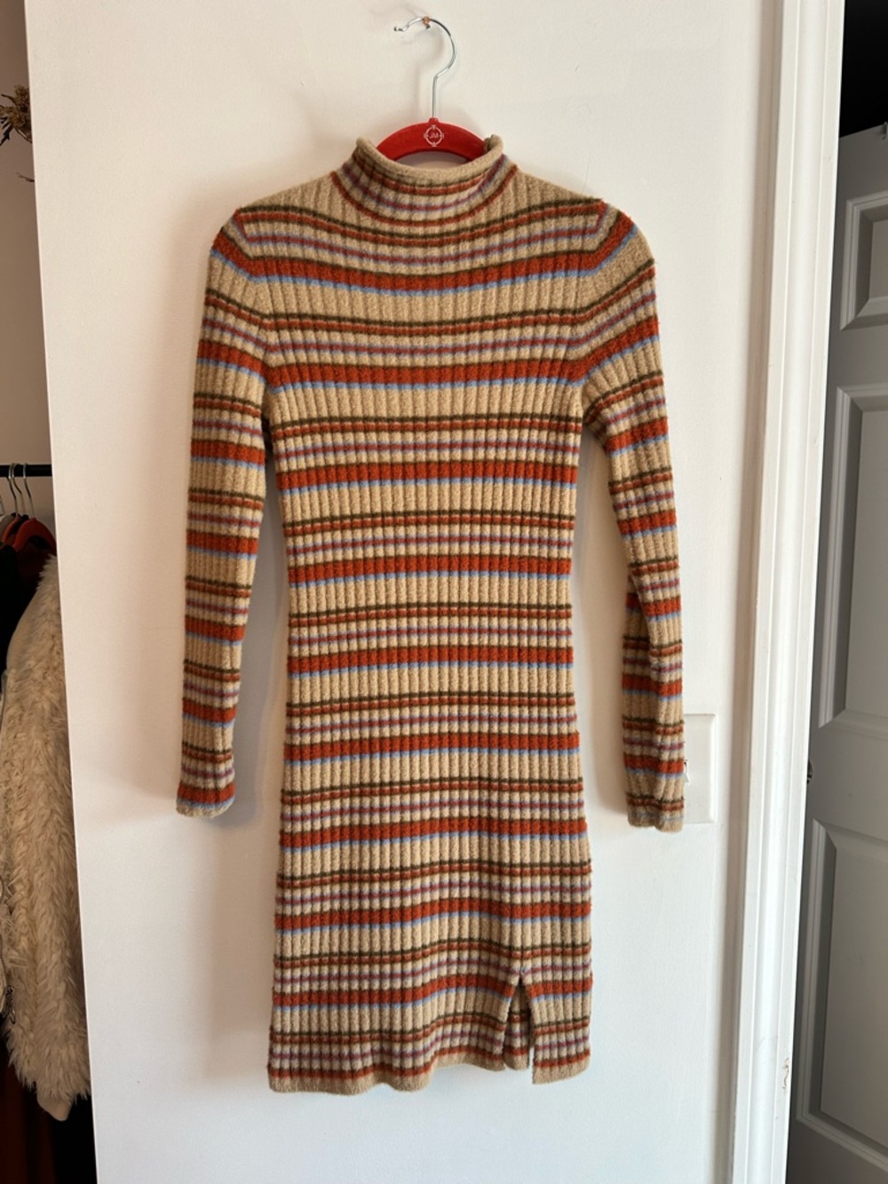 Aritzia Wilfred Ribbed Striped Long-Sleeve Mini Dress in Beige and Brown - Picture 2 of 7
